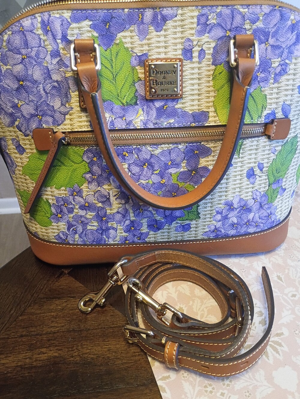 Dooney Hydrangea Zip Domed Satchel Purple Floral